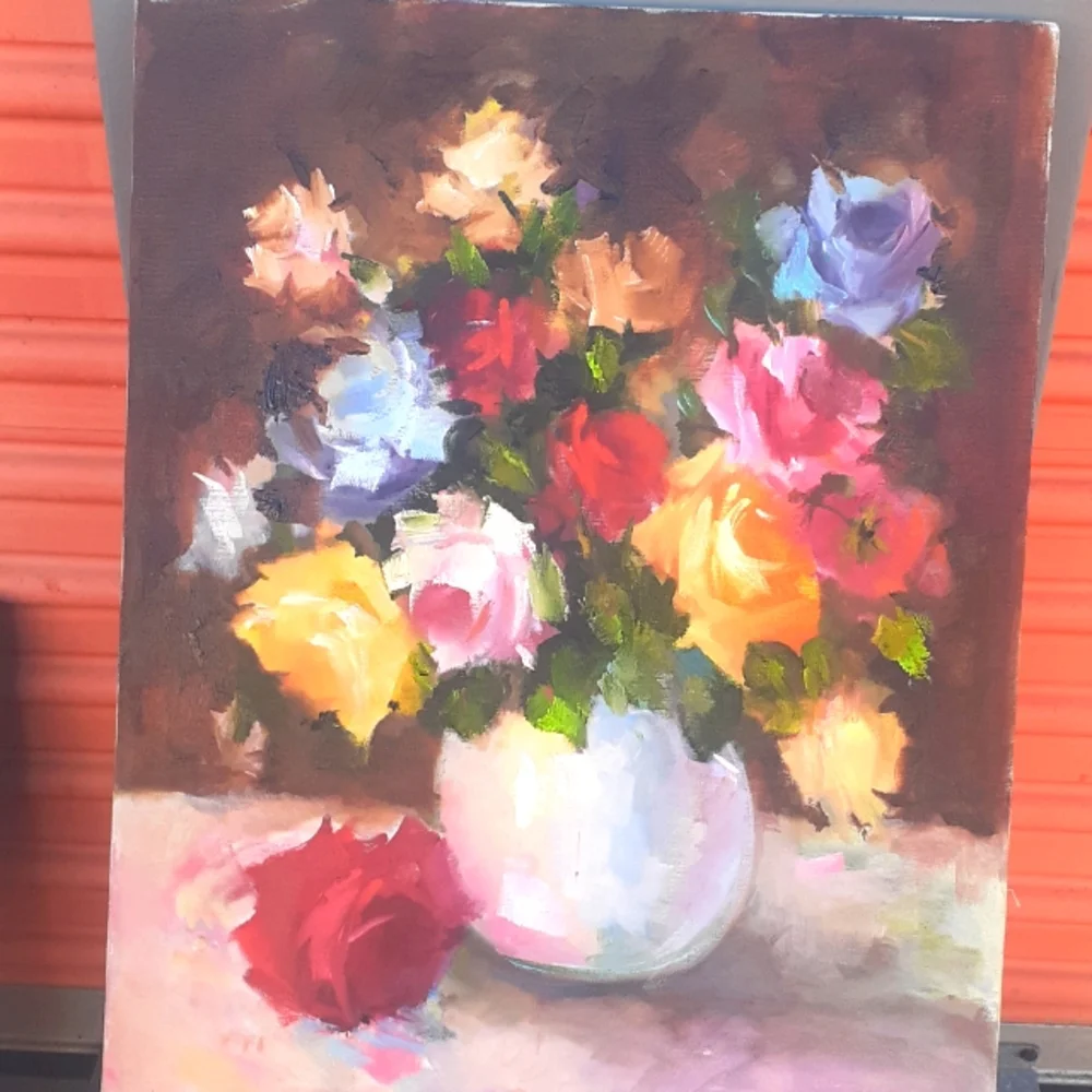 Orig Pink RED Blue Roses Floral Oil Painting ART 16x20 Romantic Lavende… - Picture 1 of 9